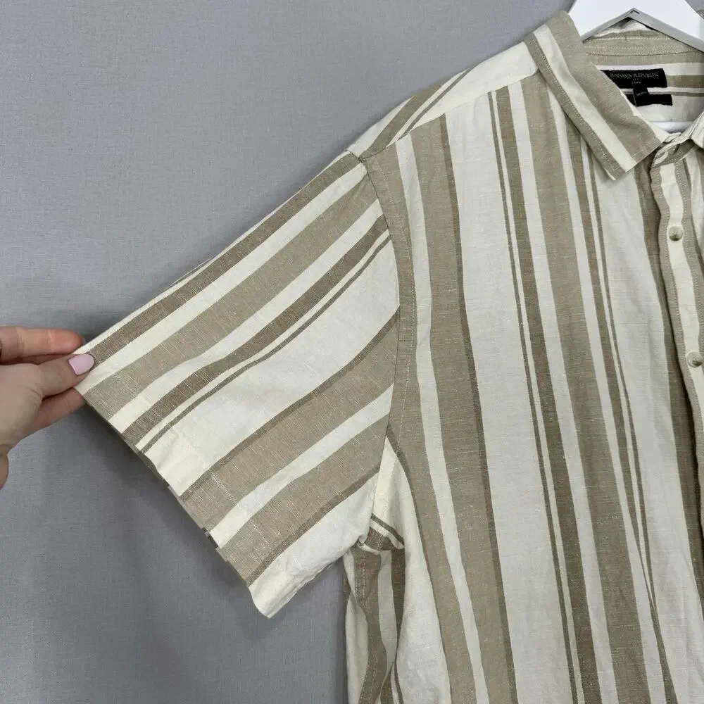 Banana Republic Mens Shirt XXL Tan Linen Blend Striped Slim Fit Old Money Preppy